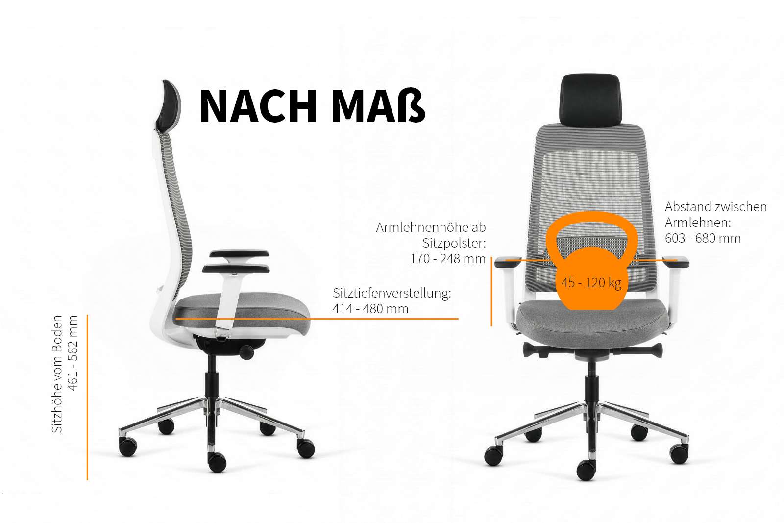 Inwerk Teamo® Original Plus - Bürostuhl mit Kopfstütze, Weiß/Grau