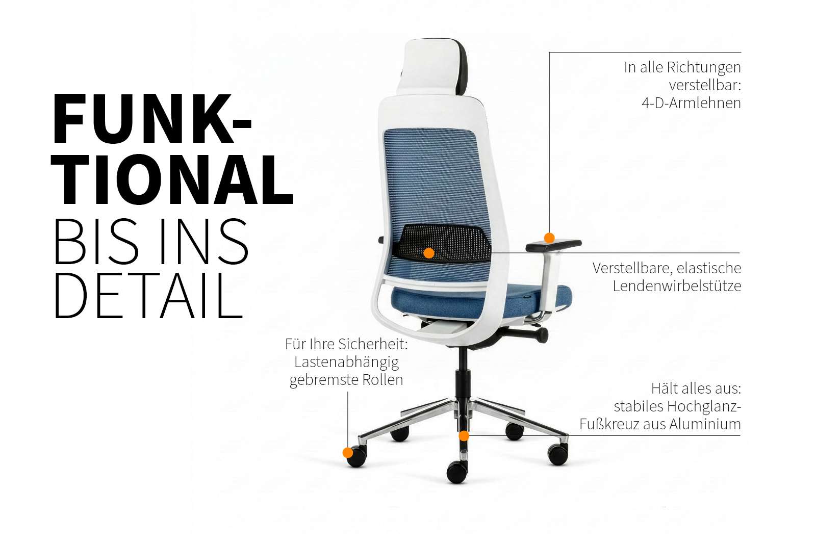 Inwerk Teamo® Original Plus - Bürostuhl mit Kopfstütze, Weiß/Blau