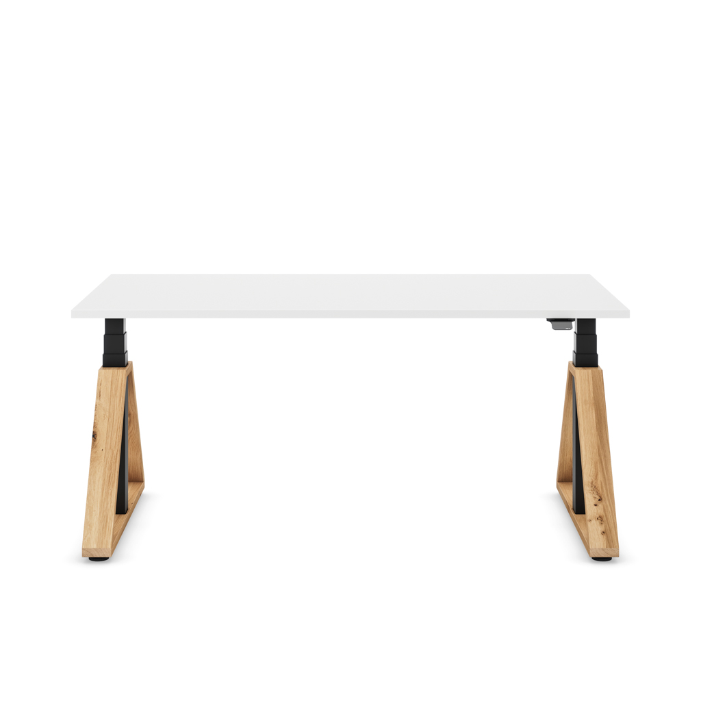 Höhenverstellbarer Schreibtisch Masterlift® Flex Loop-Edition, Holz Trapez, Weiss Dekor/Schwarz 140x80